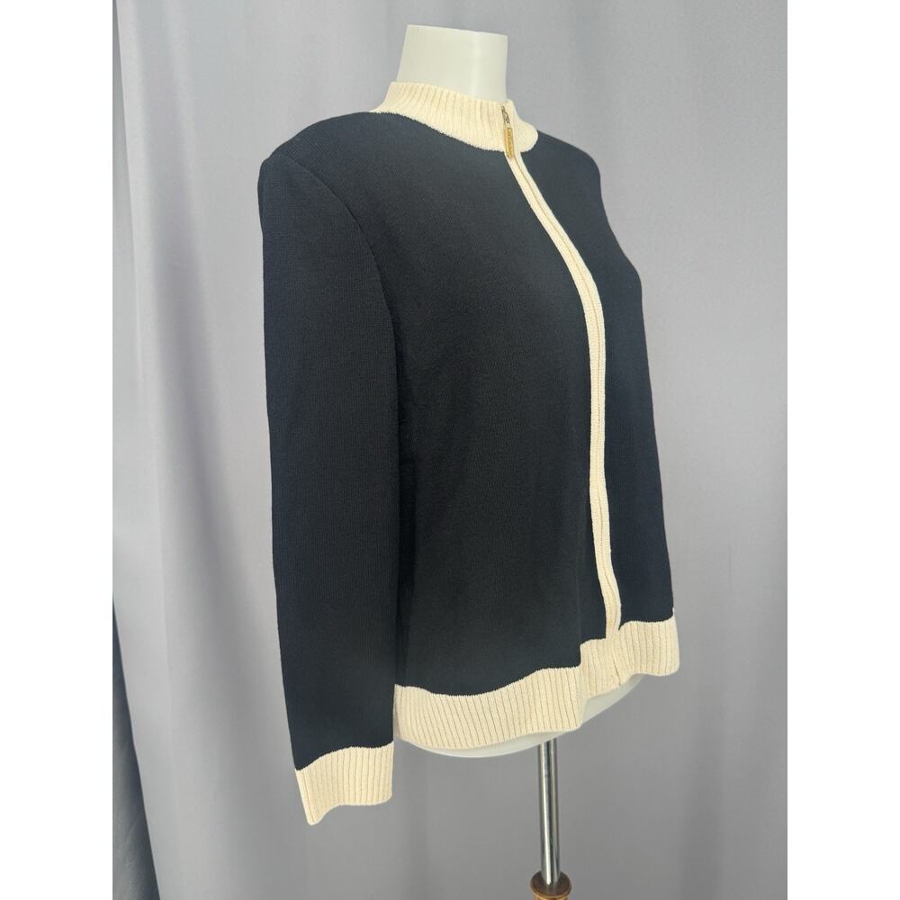 Vintage ST JOHN Cardigan Womens Medium Black Ivory Full Zip Wool Blend - Picture 3 of 12